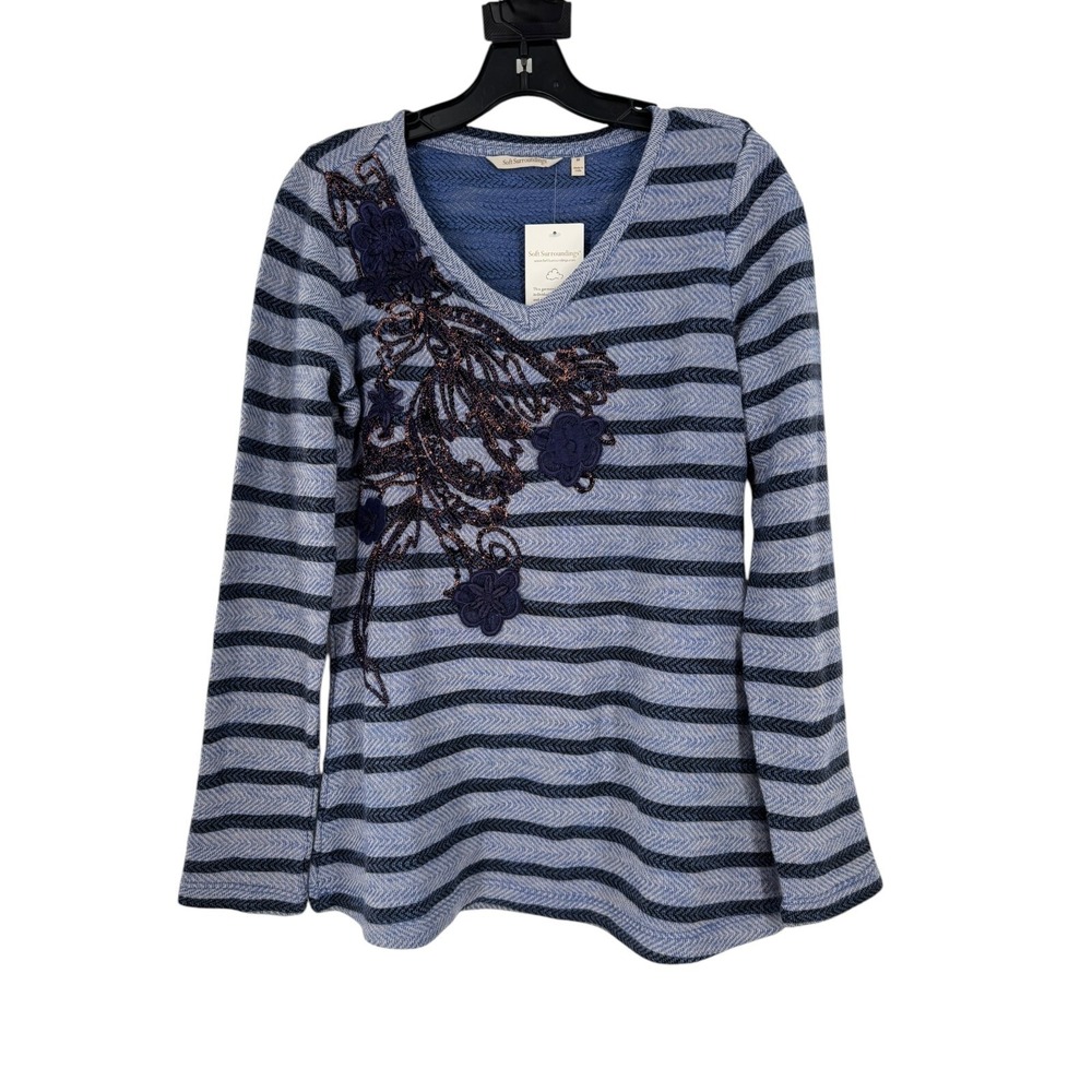 Soft Surroundings Women's Blue Syrah Floral Stripe Embellished Lace Top Medium